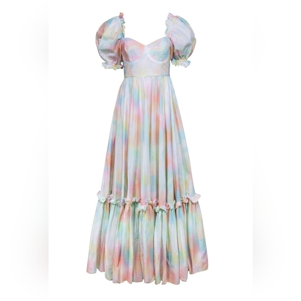 NWT Selkie The Ritz Gown in Chalk Pastel Rainbow Cotton Maxi Dress XS $399